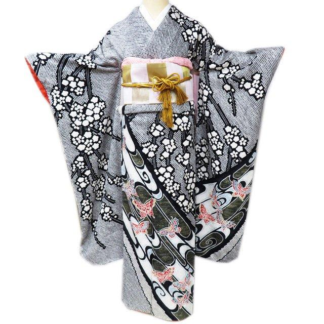 振袖 着物 中古 リサイクル 正絹 鹿の子絞り 梅模様 流水 蝶 黒色 多色 金 身丈159cm 裄62cm M きもの北條 A976-7 振袖 着物 中古 リサイクル 正絹 鹿の子絞り 梅模様 流水 蝶 黒色 多色