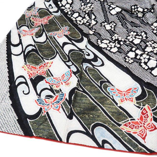振袖 着物 中古 リサイクル 正絹 鹿の子絞り 梅模様 流水 蝶 黒色 多色 金 身丈159cm 裄62cm M きもの北條 A976-7の画像