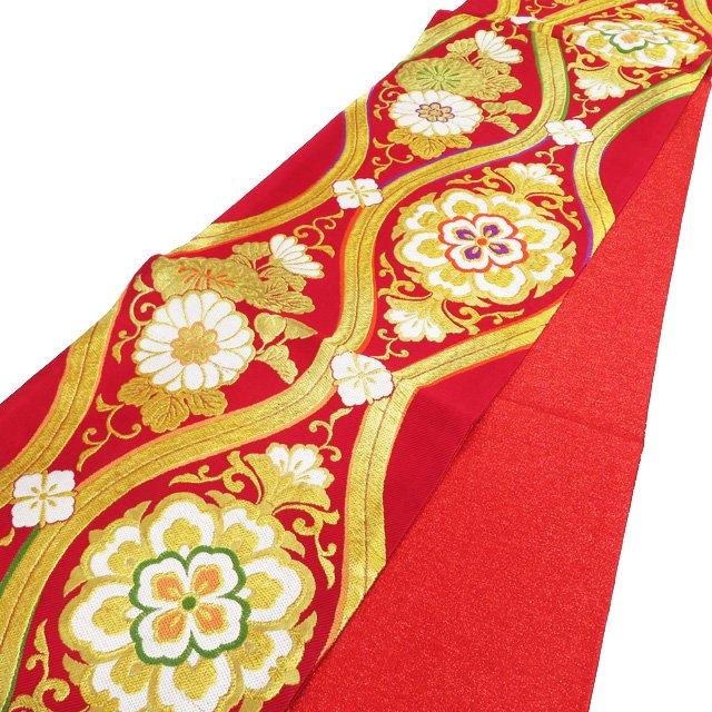 袋帯 振袖用 中古 リサイクル 正絹 フォーマル 仕立て上がり 六通 花模様 花菱 亀甲花文 箔糸 赤色 多色 金 きもの北條 A978-8 袋帯 振袖用 中古 リサイクル 正絹 フォーマル 仕立て上がり 六通 花立