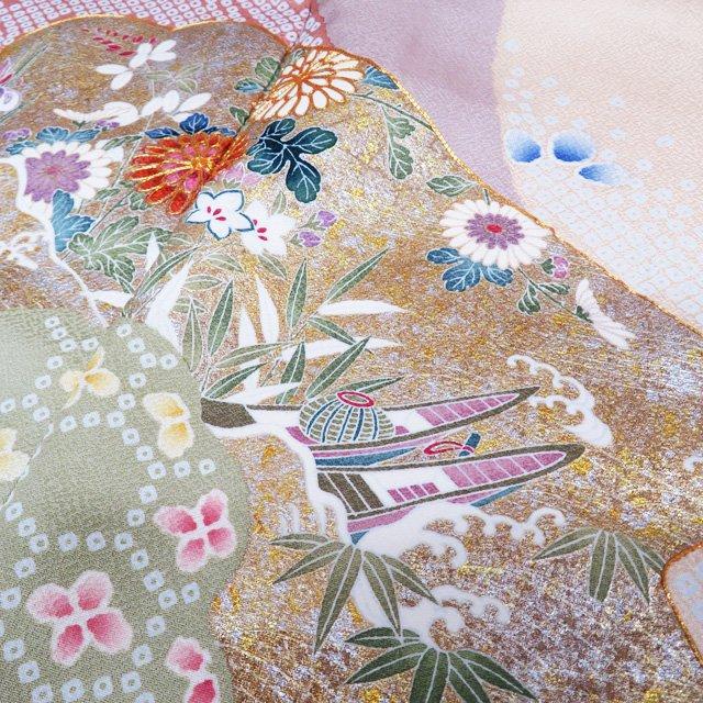 訪問着 着物 中古 正絹 袷 フォーマル 金駒刺繍 花の図 桜 菊 砥粉色 