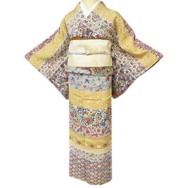 レア物＊珍品着物 アンティーク着物正絹縮緬振袖 縮緬地に絞りと刺繍の訪問着 着物 正絹 （訪問着 着物 中古 正絹