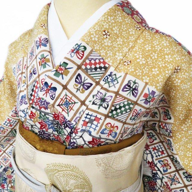 訪問着 着物 中古 正絹 袷 都巳二 落款 ちりめん 縮緬地 反端付き 薄茶