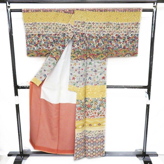 訪問着 着物 中古 正絹 袷 都巳二 落款 ちりめん 縮緬地 反端付き 薄茶