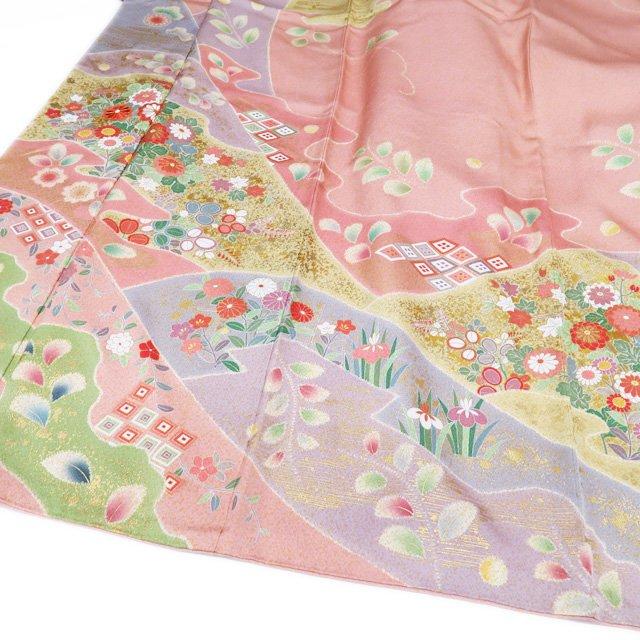 訪問着 着物 中古 正絹 袷 フォーマル 金駒刺繍 花の図 朱華色 多色 金 