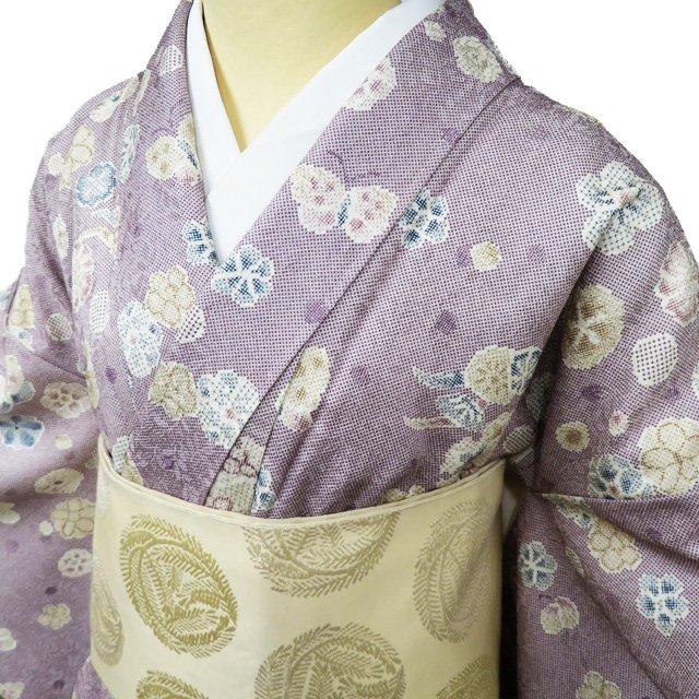 小紋 着物 未使用 正絹 袷 カジュアル 花模様 薄紫色 多色 身丈165.5cm 