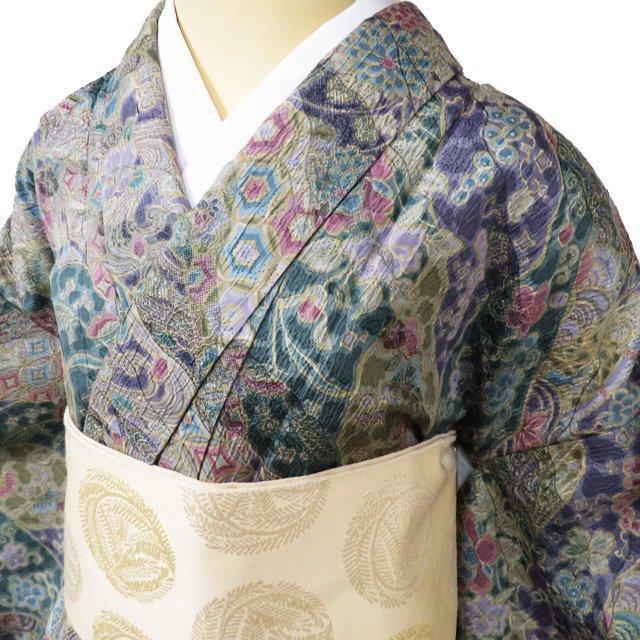 小紋 着物 中古 正絹 袷 カジュアル 花模様 纐纈 地模様 緑系色 紫系色 
