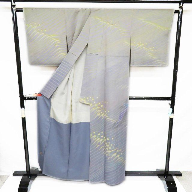 特選 訪問着 着物 中古 正絹 袷 フォーマル 加賀友禅 中町博志 落款 波文 銀通し 青系色 多色 身丈160.5cm 裄67cm M きもの北條 A984-6の画像