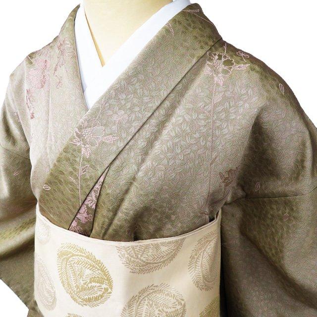 小紋 着物 未使用 正絹 単衣 カジュアル 草花模様 葉っぱ模様 地模様  