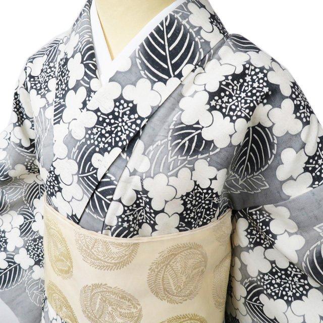 紬 着物 中古 正絹 単衣 カジュアル 花模様 あじさい 紫陽花 オフ 
