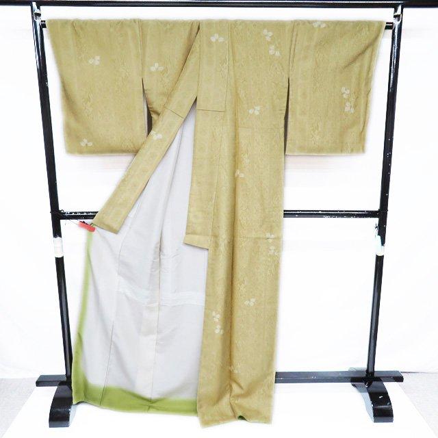 特選 小紋 着物 中古 正絹 袷 カジュアル 草花模様 地模様 麦藁色 身丈  