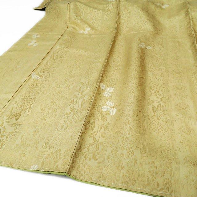 特選 小紋 着物 中古 正絹 袷 カジュアル 草花模様 地模様 麦藁色 身丈  