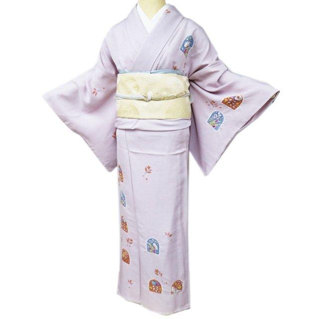 訪問着 着物 中古 正絹 単衣 フォーマル 絞り染め 花の図 淡紅藤色 多 