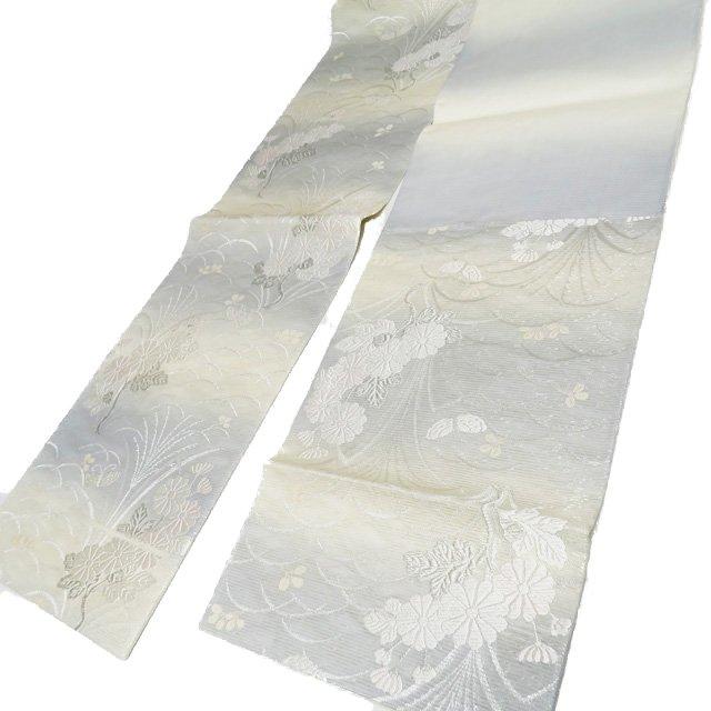 夏物 袋帯 中古 リサイクル 正絹 フォーマル 仕立て上がり 六通 草花模様 秋草 灰白色 灰青色 銀 きもの北條 A987-15 夏物 袋帯 中古 リサイクル 正絹 フォーマル 仕立て上がり 六通 草花