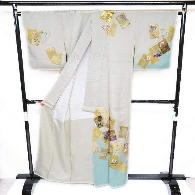 特選 訪問着 襦袢 2点セット 着物 中古 帝王紫 反端付き 色紙に花の図  