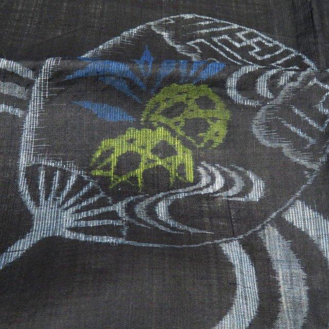 特選 夏物 宮古上布 着物 中古 苧麻 カジュアル 流水にうちわ模様 濃紺  