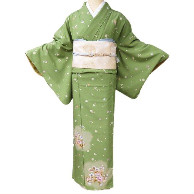 訪問着 着物 中古 ポリエステル 袷 フォーマル 撫松庵 花模様 桜 紅葉 