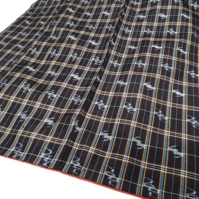 琉球絣 紬 着物 中古 正絹 袷 格子模様 絣模様 焦茶色 多色 身丈165.5  