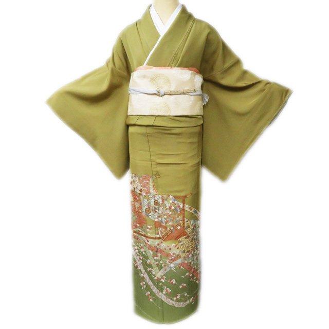 色留袖 着物 中古 正絹 袷 紋付 一つ紋 汕頭刺繍 金駒刺繍 花の