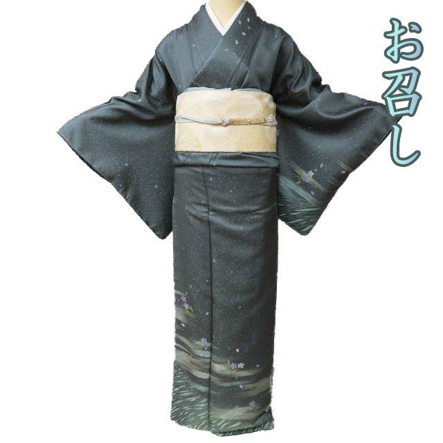 お召し 御召 着物 中古 正絹 袷 フォーマル 花の図 地模様 柳煤竹色 多色 身丈170.5cm 裄70cm L トール きもの北條 A996-6 お召し 御召 着物 中古 正絹 袷 フォーマル 花の図 地模様 柳煤竹色 多