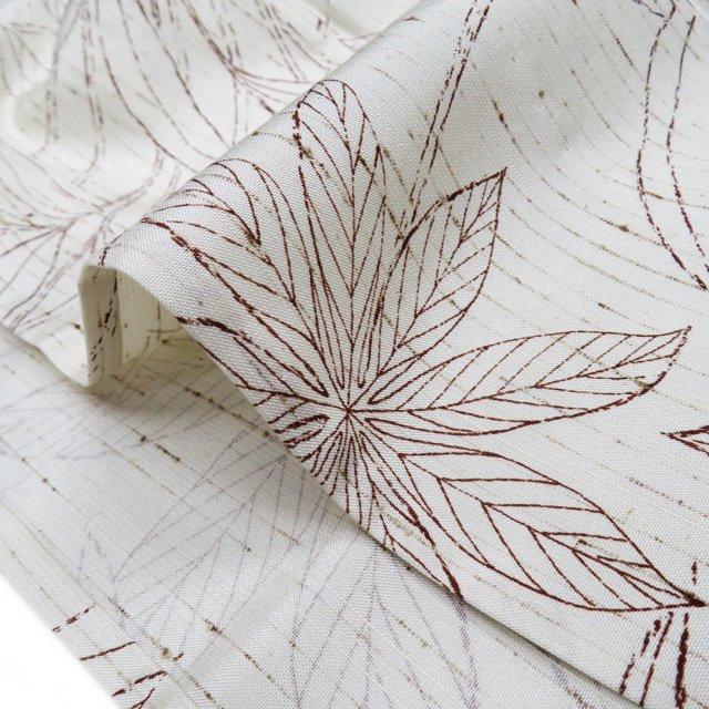 ぜんまい紬 着物 中古 正絹 単衣 ラベル付き 植物模様 生成色 焦茶色