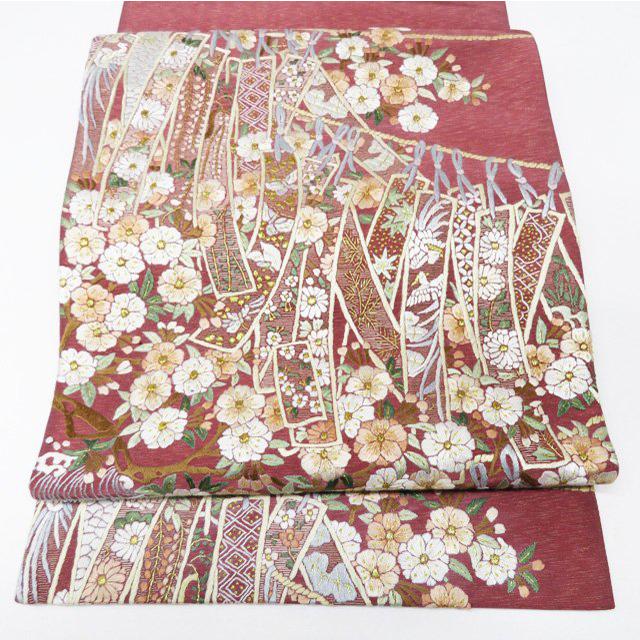 【未使用品】袋帯　蘇州刺繍　宝相華　可愛い色合い　お太鼓柄 袋帯 中古 リサイクル 蘇州刺繍 中国三大刺繍 短冊に花の図 お太鼓柄