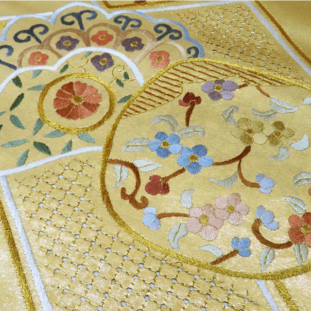 袋帯 中古 リサイクル 汕頭刺繍 スワトウ 蘇州刺繍 中国三大刺繍 植物文様 六通 正絹 フォーマル 金 きもの北條 T731-7 袋帯 中古 リサイクル 汕頭刺繍 スワトウ 蘇州刺繍 中国三大刺繍 植物