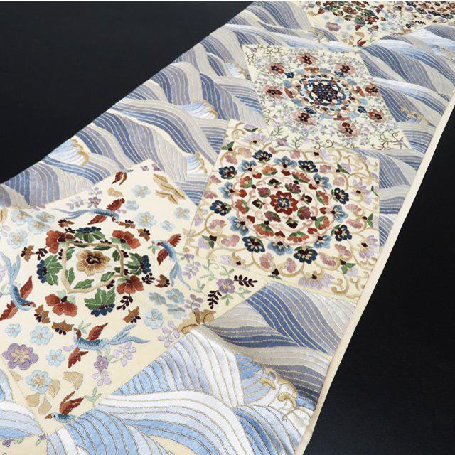 袋帯 中古 リサイクル 蘇州刺繍 中国三大刺繍 花鳥の図 花紋 華文 波