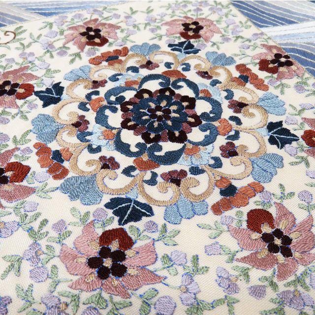 袋帯 中古 リサイクル 蘇州刺繍 中国三大刺繍 花鳥の図 花紋 華文 波 全通 正絹 カジュアル 青系 きもの北條 T732-18 袋帯 中古 リサイクル 蘇州刺繍 中国三大刺繍 花鳥の図 花紋 華文 波