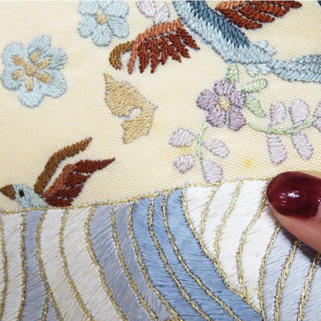 袋帯 中古 リサイクル 蘇州刺繍 中国三大刺繍 花鳥の図 花紋 華文 波 全通 正絹 カジュアル 青系 きもの北條 T732-18 袋帯 中古 リサイクル 蘇州刺繍 中国三大刺繍 花鳥の図 花紋 華文 波