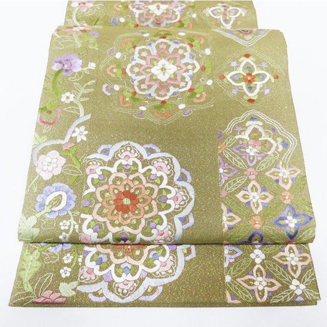 袋帯 中古 リサイクル 蘇州刺繍 中国三大刺繍 花模様 花紋 華文 六通 金通し 正絹 フォーマル 黄緑系 きもの北條 T751-7 袋帯 中古 リサイクル 蘇州刺繍 中国三大刺繍 花模様 花紋 華文 六通