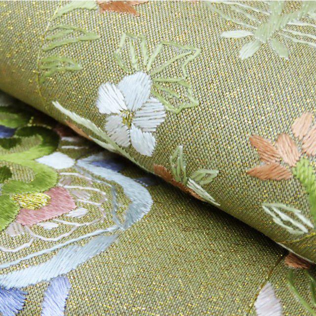 袋帯 中古 リサイクル 蘇州刺繍 中国三大刺繍 花模様 花紋 華文 六通 金通し 正絹 フォーマル 黄緑系 きもの北條 T751-7 袋帯 中古 リサイクル 蘇州刺繍 中国三大刺繍 花模様 花紋 華文 六通