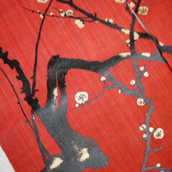 送料無料】漆のれん 梅 朱赤 麻100％ 88×150cm のれん 暖簾 万葉舎