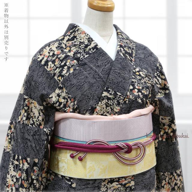 正絹小紋 袷着物 TLサイズ 黒小紋柄市松 トールサイズ 背の高い方