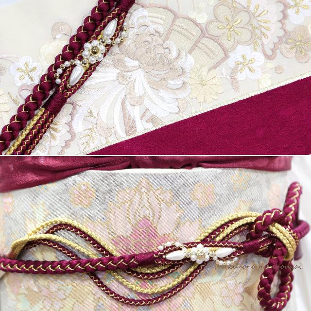 振袖用 正絹 帯締め 重ね衿 刺繍半衿 3点セット えんじ ワインレッド