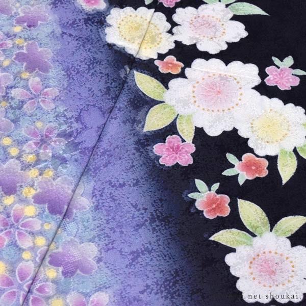 振袖 正絹（訳あり 未仕立て【訳あり/ 黒 薄紫ぼかし 桜 ） 仮絵羽 在庫