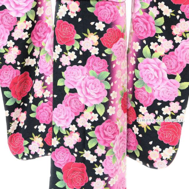 振袖 正絹 中古 ランクA 黒 ピンク 赤 薔薇 桜 お仕立て上がり 単品