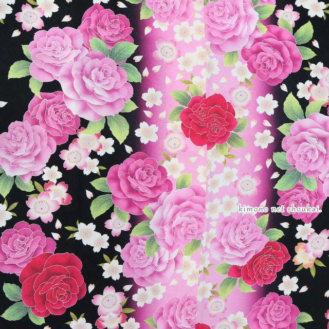 振袖 正絹 中古 ランクA 黒 ピンク 赤 薔薇 桜 お仕立て上がり 単品