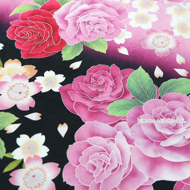 振袖 正絹 中古 ランクA 黒 ピンク 赤 薔薇 桜 お仕立て上がり 単品