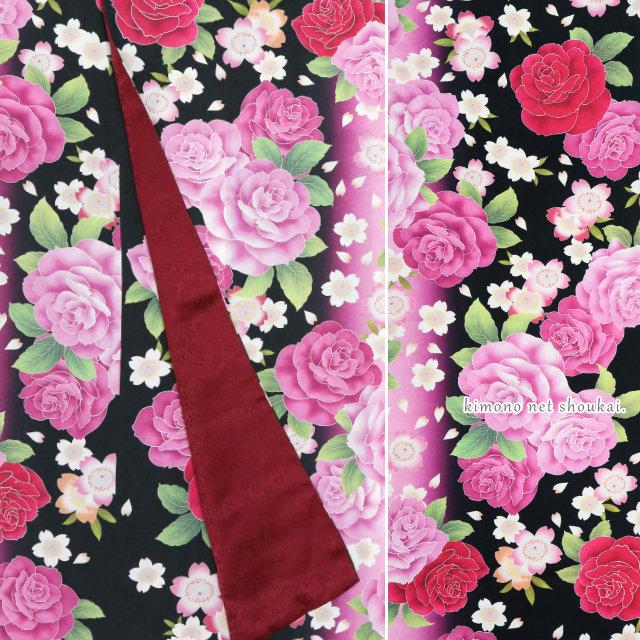 振袖 正絹 中古 ランクA 黒 ピンク 赤 薔薇 桜 お仕立て上がり 単品