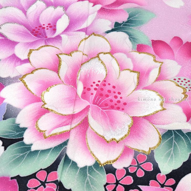 送料無料】【中古】 振袖 正絹（中古 ランクS 黒 ピンク 桜）お仕立て
