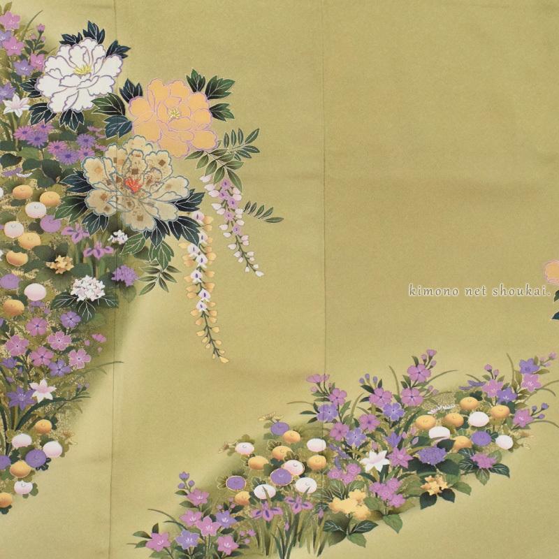 振袖 正絹 中古 ランクS ベージュ くすみカラー 木欄色 牡丹 お仕立て