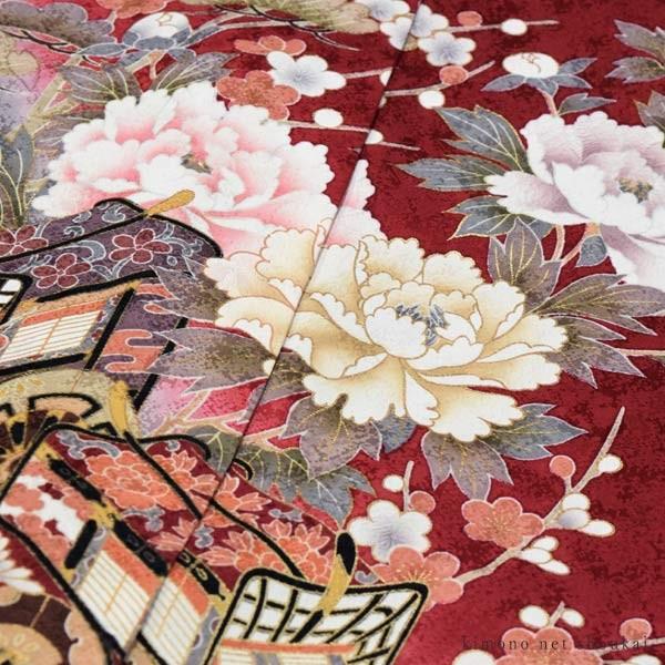 振袖 正絹（訳あり 未仕立て/ エンジ 古典御所車 8289） 仮絵羽 在庫
