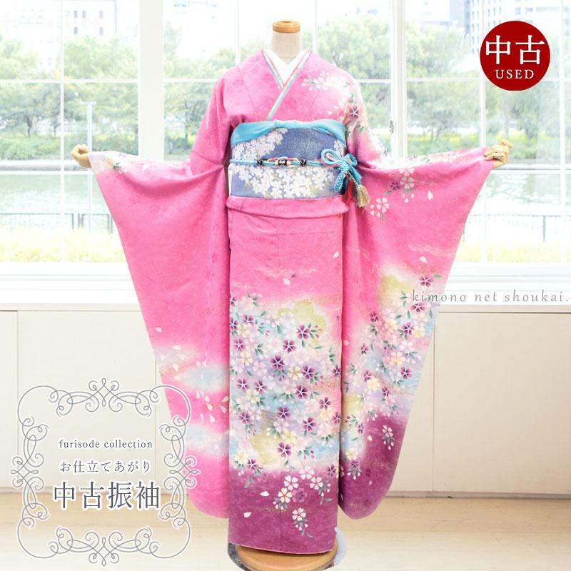 送料無料】【中古】 振袖 正絹（中古 ランクA ピンク 紫 ぼかし 桜