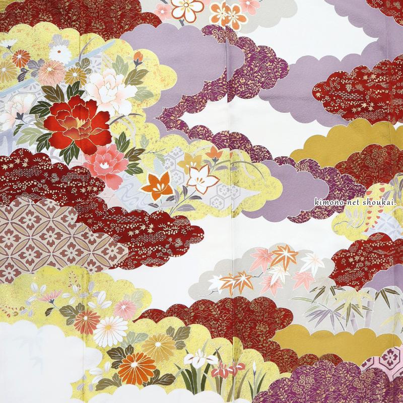 送料無料】【中古】 振袖 正絹（展示品 ランクS 白 雲に四季花 赤黄金