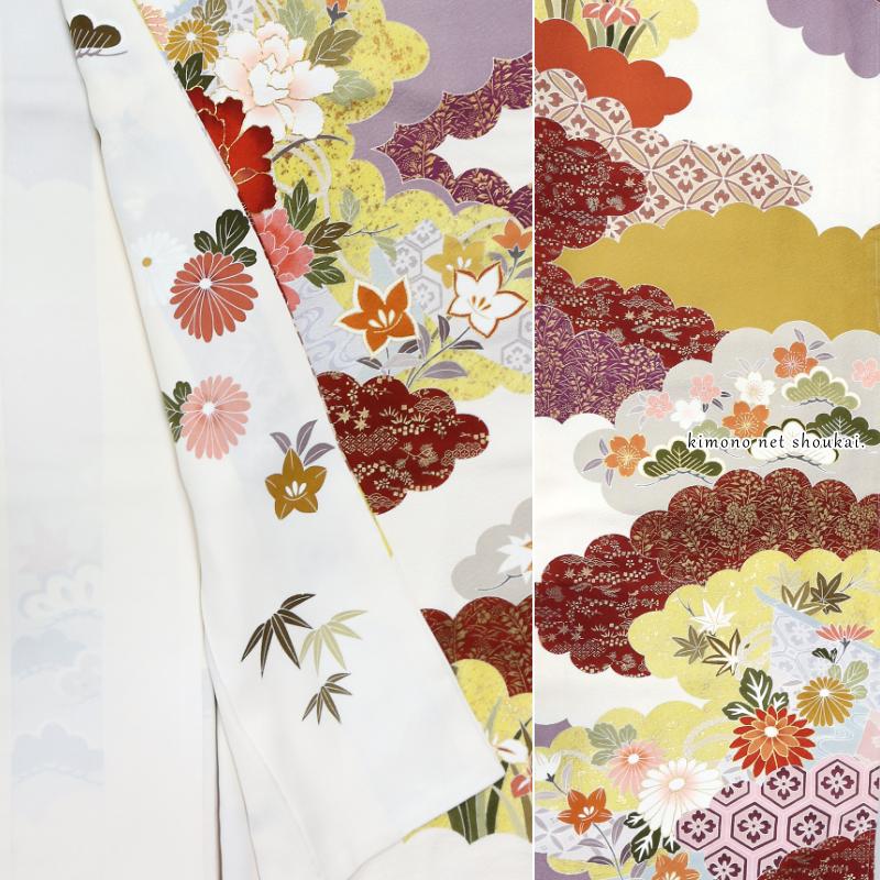 送料無料】【中古】 振袖 正絹（展示品 ランクS 白 雲に四季花 赤黄金
