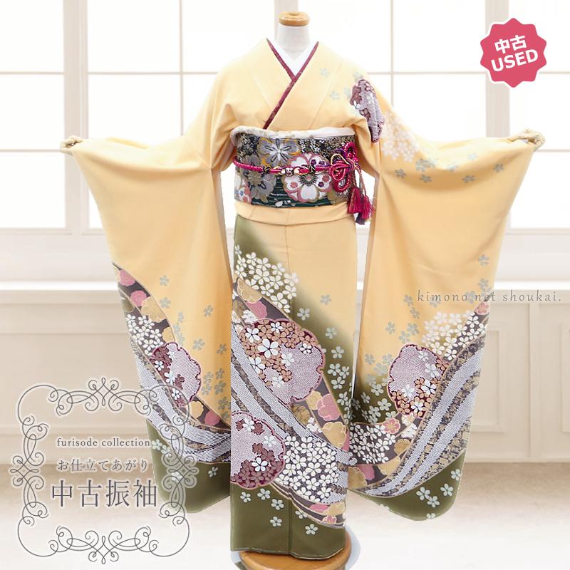 送料無料】【中古】振袖 正絹(展示品 ランクS クリーム色 送料無料】【中古】振袖 正絹(展示品 ランクS クリーム色
