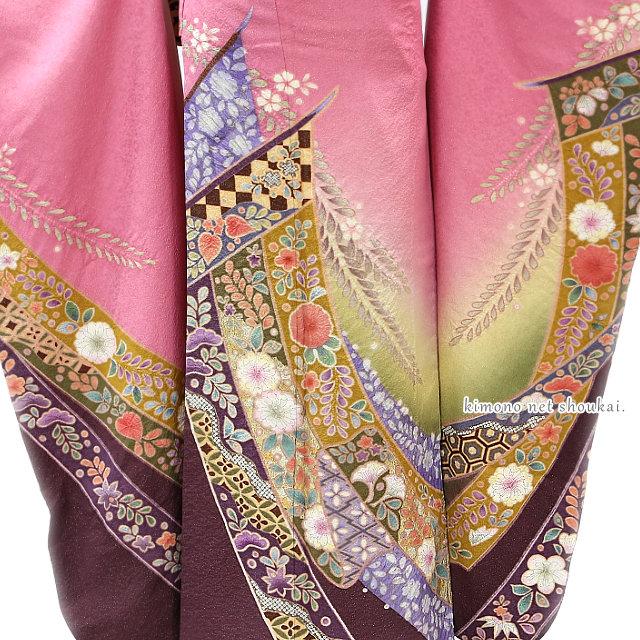送料無料【中古】振袖 正絹 ランクA ピンク 紅梅色 辻が花 御簾 お
