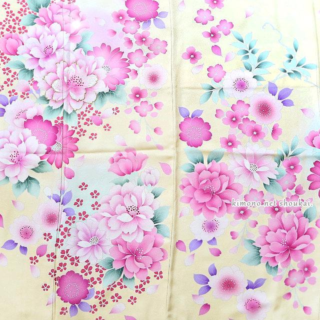 振袖 正絹 ランクA クリームイエロー ピンク 桜 お仕立て上がり 単品