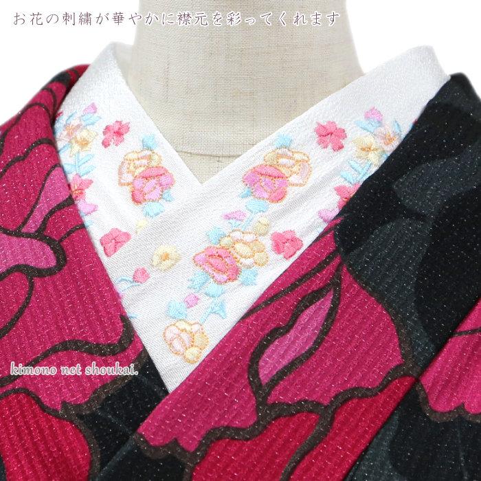 刺繍半襟 刺繍半衿 白地 花 おしゃれ かわいい はんえり 振袖 袴 成人