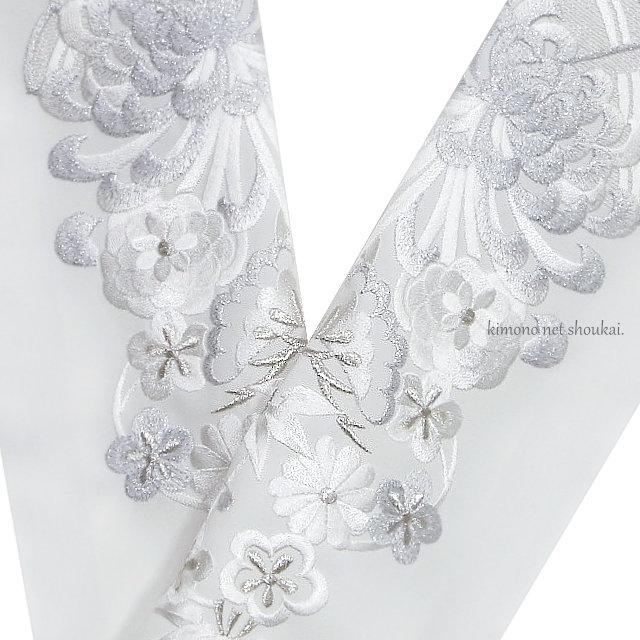 刺繍半襟 半衿 白×白銀 菊 松竹梅 扇面 日本製 シルエリー 半襟 振袖